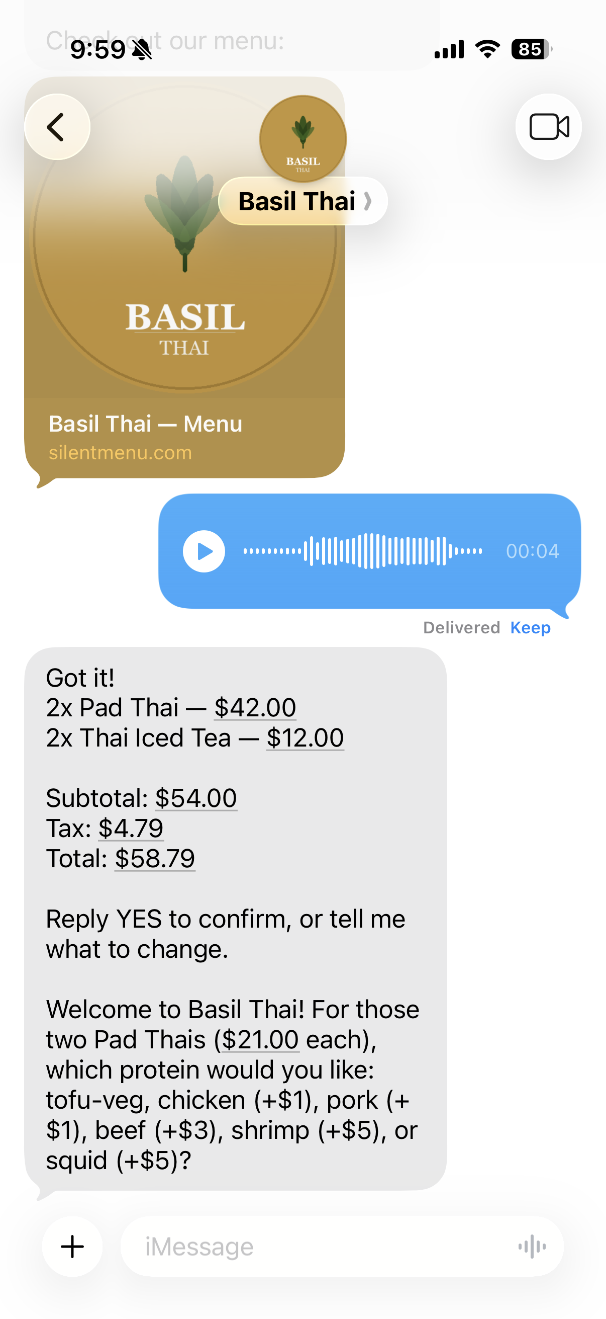 Voice ordering — customer sends an audio message and receives a parsed order