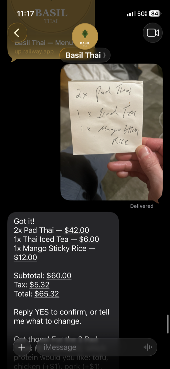 Photo ordering — customer sends a photo of a handwritten note and receives a parsed order