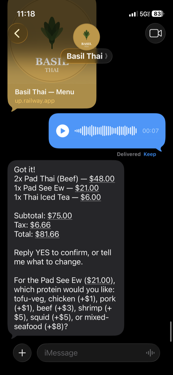 Voice ordering — customer sends an audio message and receives a parsed order