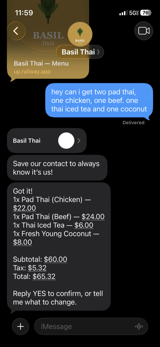Text message ordering — customer texts a natural language order and receives an itemized confirmation